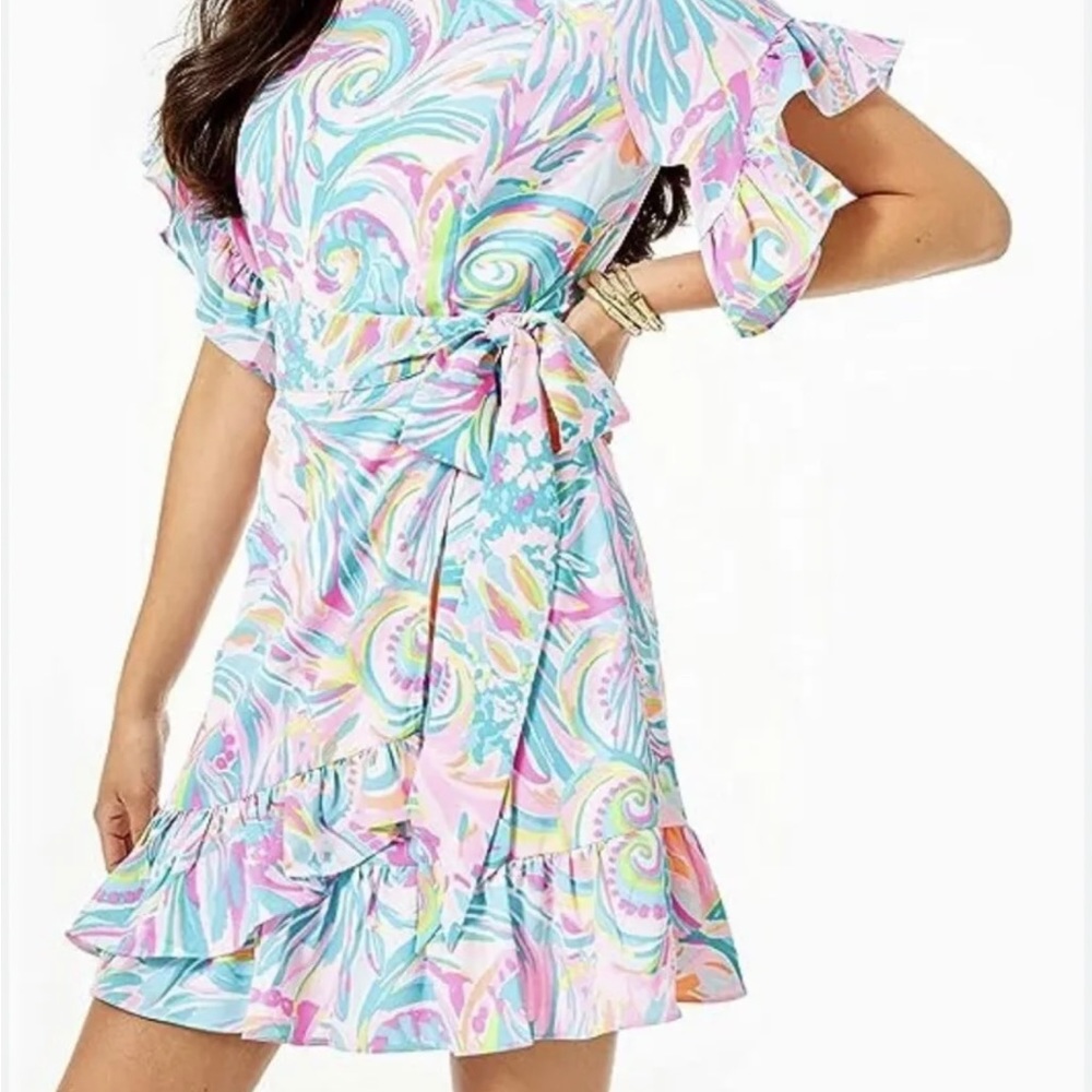 Lilly Pulitzer Darlah Stretch Dress  Ruffle Faux Wrap Carnivale Coral Size12 EUC